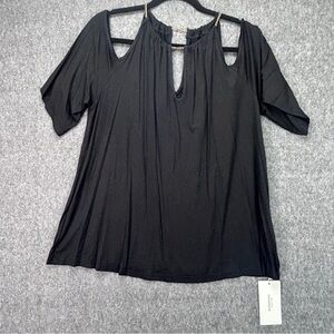 BloomChic Blouse Womens 14-16 Black Cold Shoulder Chain Strap High Neck Keyhole